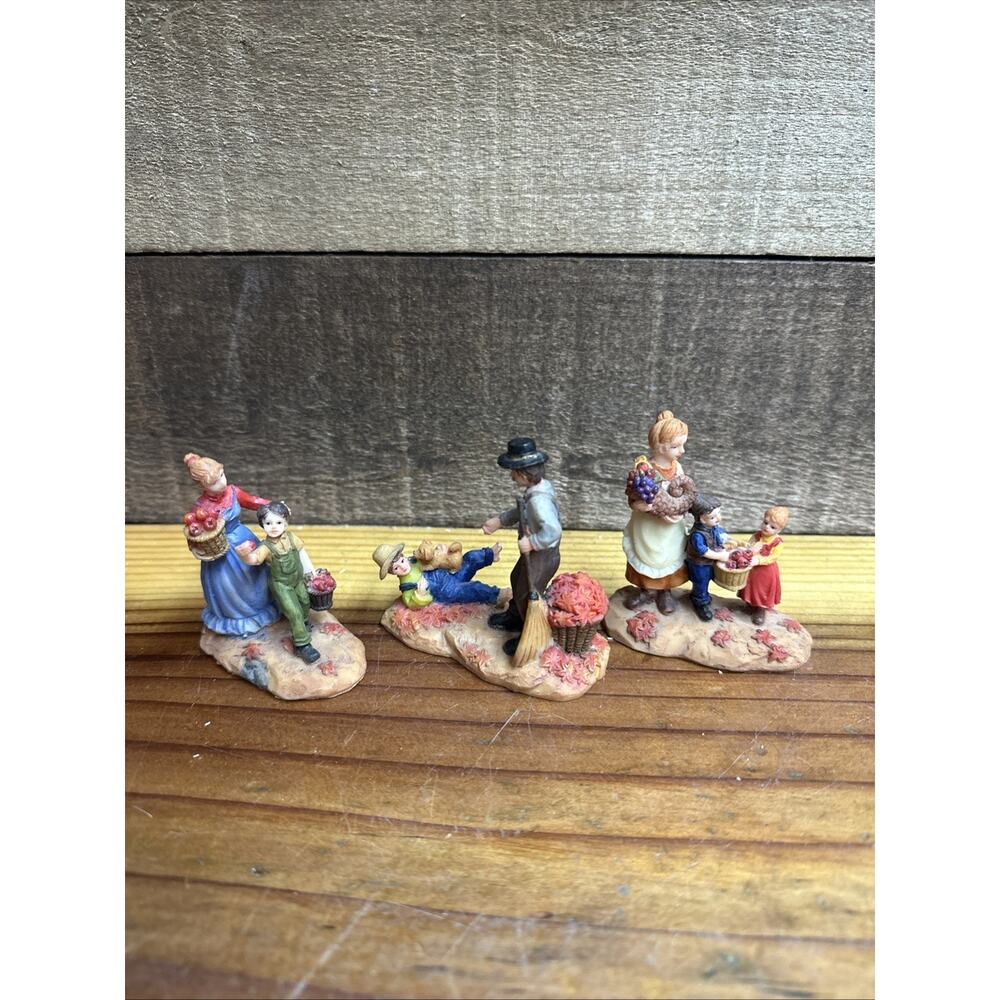 Set Of 3 Halloween Fall Village People Apple Picking Raking Leaves